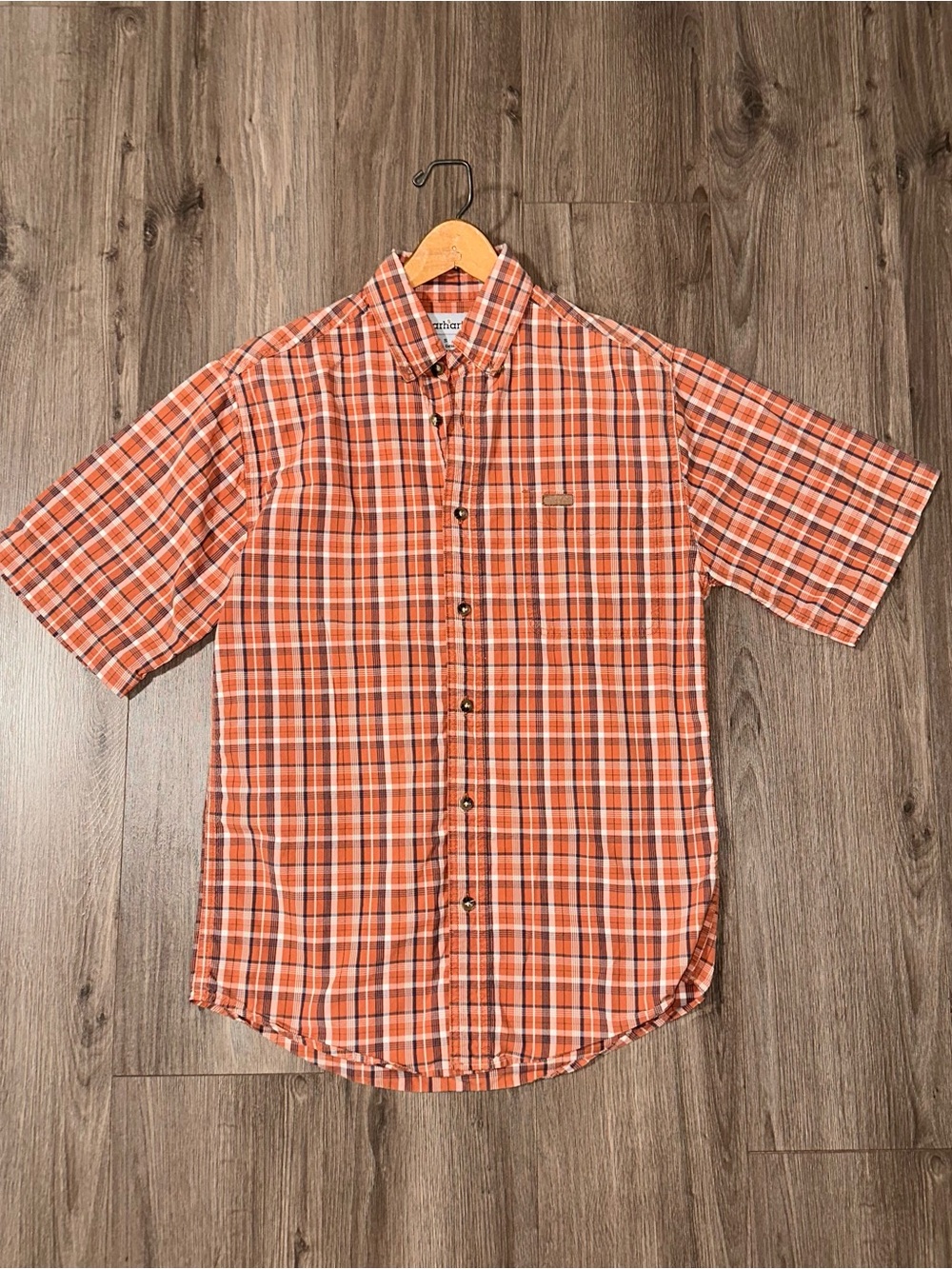 Carhartt Shirt Men’s Size Small Orange Plaid Short-Sleeve Button-Down Bozeman